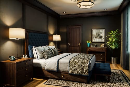 photo from pinterest of eclectic-style interior designed (hotel room interior) with bedside table or night stand and plant and bed and storage bench or ottoman and working desk with desk chair and night light and hotel bathroom and headboard. . . cinematic photo, highly detailed, cinematic lighting, ultra-detailed, ultrarealistic, photorealism, 8k. trending on pinterest. eclectic interior design style. masterpiece, cinematic light, ultrarealistic+, photorealistic+, 8k, raw photo, realistic, sharp focus on eyes, (symmetrical eyes), (intact eyes), hyperrealistic, highest quality, best quality, , highly detailed, masterpiece, best quality, extremely detailed 8k wallpaper, masterpiece, best quality, ultra-detailed, best shadow, detailed background, detailed face, detailed eyes, high contrast, best illumination, detailed face, dulux, caustic, dynamic angle, detailed glow. dramatic lighting. highly detailed, insanely detailed hair, symmetrical, intricate details, professionally retouched, 8k high definition. strong bokeh. award winning photo.