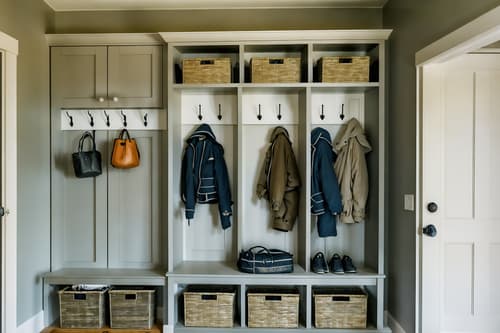 photo from pinterest of contemporary-style interior designed (mudroom interior) with wall hooks for coats and a bench and cabinets and storage drawers and storage baskets and high up storage and cubbies and shelves for shoes. . with . . cinematic photo, highly detailed, cinematic lighting, ultra-detailed, ultrarealistic, photorealism, 8k. trending on pinterest. contemporary interior design style. masterpiece, cinematic light, ultrarealistic+, photorealistic+, 8k, raw photo, realistic, sharp focus on eyes, (symmetrical eyes), (intact eyes), hyperrealistic, highest quality, best quality, , highly detailed, masterpiece, best quality, extremely detailed 8k wallpaper, masterpiece, best quality, ultra-detailed, best shadow, detailed background, detailed face, detailed eyes, high contrast, best illumination, detailed face, dulux, caustic, dynamic angle, detailed glow. dramatic lighting. highly detailed, insanely detailed hair, symmetrical, intricate details, professionally retouched, 8k high definition. strong bokeh. award winning photo.