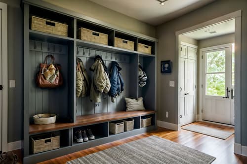 photo from pinterest of contemporary-style interior designed (mudroom interior) with wall hooks for coats and a bench and cabinets and storage drawers and storage baskets and high up storage and cubbies and shelves for shoes. . with . . cinematic photo, highly detailed, cinematic lighting, ultra-detailed, ultrarealistic, photorealism, 8k. trending on pinterest. contemporary interior design style. masterpiece, cinematic light, ultrarealistic+, photorealistic+, 8k, raw photo, realistic, sharp focus on eyes, (symmetrical eyes), (intact eyes), hyperrealistic, highest quality, best quality, , highly detailed, masterpiece, best quality, extremely detailed 8k wallpaper, masterpiece, best quality, ultra-detailed, best shadow, detailed background, detailed face, detailed eyes, high contrast, best illumination, detailed face, dulux, caustic, dynamic angle, detailed glow. dramatic lighting. highly detailed, insanely detailed hair, symmetrical, intricate details, professionally retouched, 8k high definition. strong bokeh. award winning photo.