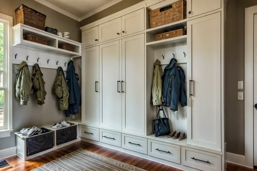 photo from pinterest of contemporary-style interior designed (mudroom interior) with wall hooks for coats and a bench and cabinets and storage drawers and storage baskets and high up storage and cubbies and shelves for shoes. . with . . cinematic photo, highly detailed, cinematic lighting, ultra-detailed, ultrarealistic, photorealism, 8k. trending on pinterest. contemporary interior design style. masterpiece, cinematic light, ultrarealistic+, photorealistic+, 8k, raw photo, realistic, sharp focus on eyes, (symmetrical eyes), (intact eyes), hyperrealistic, highest quality, best quality, , highly detailed, masterpiece, best quality, extremely detailed 8k wallpaper, masterpiece, best quality, ultra-detailed, best shadow, detailed background, detailed face, detailed eyes, high contrast, best illumination, detailed face, dulux, caustic, dynamic angle, detailed glow. dramatic lighting. highly detailed, insanely detailed hair, symmetrical, intricate details, professionally retouched, 8k high definition. strong bokeh. award winning photo.