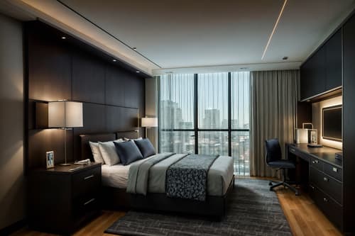 photo from pinterest of contemporary-style interior designed (hotel room interior) with dresser closet and bedside table or night stand and night light and bed and plant and working desk with desk chair and mirror and headboard. . with . . cinematic photo, highly detailed, cinematic lighting, ultra-detailed, ultrarealistic, photorealism, 8k. trending on pinterest. contemporary interior design style. masterpiece, cinematic light, ultrarealistic+, photorealistic+, 8k, raw photo, realistic, sharp focus on eyes, (symmetrical eyes), (intact eyes), hyperrealistic, highest quality, best quality, , highly detailed, masterpiece, best quality, extremely detailed 8k wallpaper, masterpiece, best quality, ultra-detailed, best shadow, detailed background, detailed face, detailed eyes, high contrast, best illumination, detailed face, dulux, caustic, dynamic angle, detailed glow. dramatic lighting. highly detailed, insanely detailed hair, symmetrical, intricate details, professionally retouched, 8k high definition. strong bokeh. award winning photo.