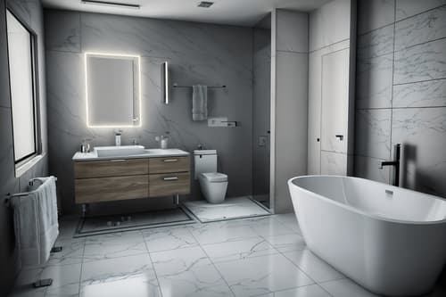 photo from pinterest of contemporary-style interior designed (bathroom interior) with bath rail and waste basket and bathroom sink with faucet and bathtub and toilet seat and bathroom cabinet and shower and bath towel. . with . . cinematic photo, highly detailed, cinematic lighting, ultra-detailed, ultrarealistic, photorealism, 8k. trending on pinterest. contemporary interior design style. masterpiece, cinematic light, ultrarealistic+, photorealistic+, 8k, raw photo, realistic, sharp focus on eyes, (symmetrical eyes), (intact eyes), hyperrealistic, highest quality, best quality, , highly detailed, masterpiece, best quality, extremely detailed 8k wallpaper, masterpiece, best quality, ultra-detailed, best shadow, detailed background, detailed face, detailed eyes, high contrast, best illumination, detailed face, dulux, caustic, dynamic angle, detailed glow. dramatic lighting. highly detailed, insanely detailed hair, symmetrical, intricate details, professionally retouched, 8k high definition. strong bokeh. award winning photo.