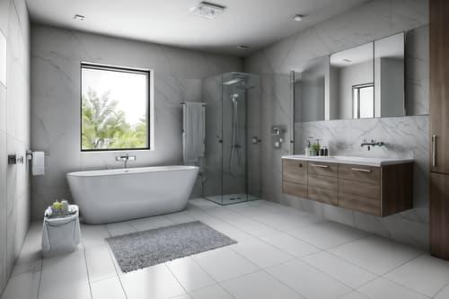 photo from pinterest of contemporary-style interior designed (bathroom interior) with bath rail and waste basket and bathroom sink with faucet and bathtub and toilet seat and bathroom cabinet and shower and bath towel. . with . . cinematic photo, highly detailed, cinematic lighting, ultra-detailed, ultrarealistic, photorealism, 8k. trending on pinterest. contemporary interior design style. masterpiece, cinematic light, ultrarealistic+, photorealistic+, 8k, raw photo, realistic, sharp focus on eyes, (symmetrical eyes), (intact eyes), hyperrealistic, highest quality, best quality, , highly detailed, masterpiece, best quality, extremely detailed 8k wallpaper, masterpiece, best quality, ultra-detailed, best shadow, detailed background, detailed face, detailed eyes, high contrast, best illumination, detailed face, dulux, caustic, dynamic angle, detailed glow. dramatic lighting. highly detailed, insanely detailed hair, symmetrical, intricate details, professionally retouched, 8k high definition. strong bokeh. award winning photo.