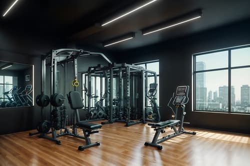 photo from pinterest of contemporary-style interior designed (fitness gym interior) with exercise bicycle and squat rack and dumbbell stand and crosstrainer and bench press and exercise bicycle. . with . . cinematic photo, highly detailed, cinematic lighting, ultra-detailed, ultrarealistic, photorealism, 8k. trending on pinterest. contemporary interior design style. masterpiece, cinematic light, ultrarealistic+, photorealistic+, 8k, raw photo, realistic, sharp focus on eyes, (symmetrical eyes), (intact eyes), hyperrealistic, highest quality, best quality, , highly detailed, masterpiece, best quality, extremely detailed 8k wallpaper, masterpiece, best quality, ultra-detailed, best shadow, detailed background, detailed face, detailed eyes, high contrast, best illumination, detailed face, dulux, caustic, dynamic angle, detailed glow. dramatic lighting. highly detailed, insanely detailed hair, symmetrical, intricate details, professionally retouched, 8k high definition. strong bokeh. award winning photo.