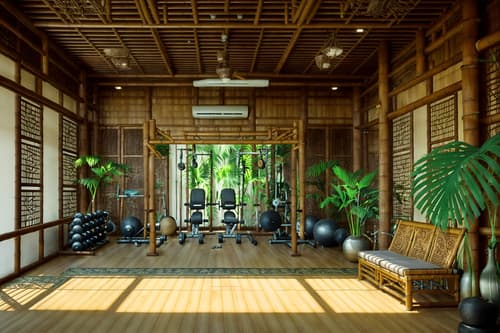 photo from pinterest of tropical-style interior designed (fitness gym interior) with squat rack and bench press and exercise bicycle and dumbbell stand and crosstrainer and squat rack. . with bamboo and teak and wicker and rattan and cane motifs and palm leaves and lattice prints and palm trees. . cinematic photo, highly detailed, cinematic lighting, ultra-detailed, ultrarealistic, photorealism, 8k. trending on pinterest. tropical interior design style. masterpiece, cinematic light, ultrarealistic+, photorealistic+, 8k, raw photo, realistic, sharp focus on eyes, (symmetrical eyes), (intact eyes), hyperrealistic, highest quality, best quality, , highly detailed, masterpiece, best quality, extremely detailed 8k wallpaper, masterpiece, best quality, ultra-detailed, best shadow, detailed background, detailed face, detailed eyes, high contrast, best illumination, detailed face, dulux, caustic, dynamic angle, detailed glow. dramatic lighting. highly detailed, insanely detailed hair, symmetrical, intricate details, professionally retouched, 8k high definition. strong bokeh. award winning photo.