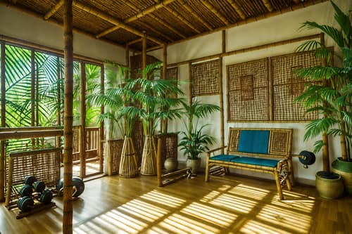 photo from pinterest of tropical-style interior designed (fitness gym interior) with squat rack and bench press and exercise bicycle and dumbbell stand and crosstrainer and squat rack. . with bamboo and teak and wicker and rattan and cane motifs and palm leaves and lattice prints and palm trees. . cinematic photo, highly detailed, cinematic lighting, ultra-detailed, ultrarealistic, photorealism, 8k. trending on pinterest. tropical interior design style. masterpiece, cinematic light, ultrarealistic+, photorealistic+, 8k, raw photo, realistic, sharp focus on eyes, (symmetrical eyes), (intact eyes), hyperrealistic, highest quality, best quality, , highly detailed, masterpiece, best quality, extremely detailed 8k wallpaper, masterpiece, best quality, ultra-detailed, best shadow, detailed background, detailed face, detailed eyes, high contrast, best illumination, detailed face, dulux, caustic, dynamic angle, detailed glow. dramatic lighting. highly detailed, insanely detailed hair, symmetrical, intricate details, professionally retouched, 8k high definition. strong bokeh. award winning photo.