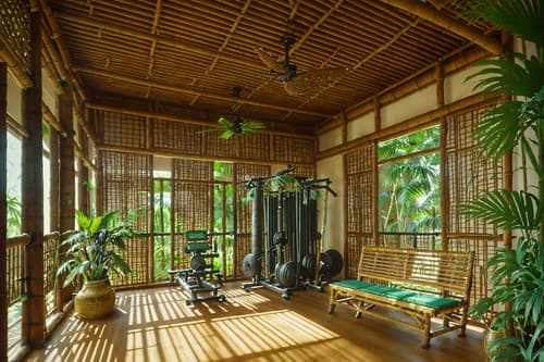 photo from pinterest of tropical-style interior designed (fitness gym interior) with squat rack and bench press and exercise bicycle and dumbbell stand and crosstrainer and squat rack. . with bamboo and teak and wicker and rattan and cane motifs and palm leaves and lattice prints and palm trees. . cinematic photo, highly detailed, cinematic lighting, ultra-detailed, ultrarealistic, photorealism, 8k. trending on pinterest. tropical interior design style. masterpiece, cinematic light, ultrarealistic+, photorealistic+, 8k, raw photo, realistic, sharp focus on eyes, (symmetrical eyes), (intact eyes), hyperrealistic, highest quality, best quality, , highly detailed, masterpiece, best quality, extremely detailed 8k wallpaper, masterpiece, best quality, ultra-detailed, best shadow, detailed background, detailed face, detailed eyes, high contrast, best illumination, detailed face, dulux, caustic, dynamic angle, detailed glow. dramatic lighting. highly detailed, insanely detailed hair, symmetrical, intricate details, professionally retouched, 8k high definition. strong bokeh. award winning photo.