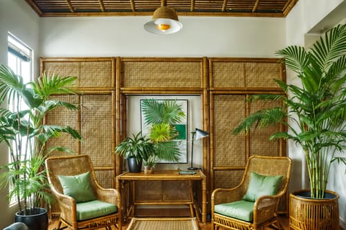 photo from pinterest of tropical-style interior designed (office interior) with lounge chairs and office chairs and windows and cabinets and plants and computer desks and office desks and desk lamps. . with wicker and teak and cane motifs and palm leaves and bamboo and lattice prints and rattan and palm trees. . cinematic photo, highly detailed, cinematic lighting, ultra-detailed, ultrarealistic, photorealism, 8k. trending on pinterest. tropical interior design style. masterpiece, cinematic light, ultrarealistic+, photorealistic+, 8k, raw photo, realistic, sharp focus on eyes, (symmetrical eyes), (intact eyes), hyperrealistic, highest quality, best quality, , highly detailed, masterpiece, best quality, extremely detailed 8k wallpaper, masterpiece, best quality, ultra-detailed, best shadow, detailed background, detailed face, detailed eyes, high contrast, best illumination, detailed face, dulux, caustic, dynamic angle, detailed glow. dramatic lighting. highly detailed, insanely detailed hair, symmetrical, intricate details, professionally retouched, 8k high definition. strong bokeh. award winning photo.