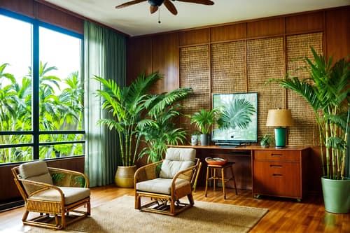 photo from pinterest of tropical-style interior designed (office interior) with lounge chairs and office chairs and windows and cabinets and plants and computer desks and office desks and desk lamps. . with wicker and teak and cane motifs and palm leaves and bamboo and lattice prints and rattan and palm trees. . cinematic photo, highly detailed, cinematic lighting, ultra-detailed, ultrarealistic, photorealism, 8k. trending on pinterest. tropical interior design style. masterpiece, cinematic light, ultrarealistic+, photorealistic+, 8k, raw photo, realistic, sharp focus on eyes, (symmetrical eyes), (intact eyes), hyperrealistic, highest quality, best quality, , highly detailed, masterpiece, best quality, extremely detailed 8k wallpaper, masterpiece, best quality, ultra-detailed, best shadow, detailed background, detailed face, detailed eyes, high contrast, best illumination, detailed face, dulux, caustic, dynamic angle, detailed glow. dramatic lighting. highly detailed, insanely detailed hair, symmetrical, intricate details, professionally retouched, 8k high definition. strong bokeh. award winning photo.
