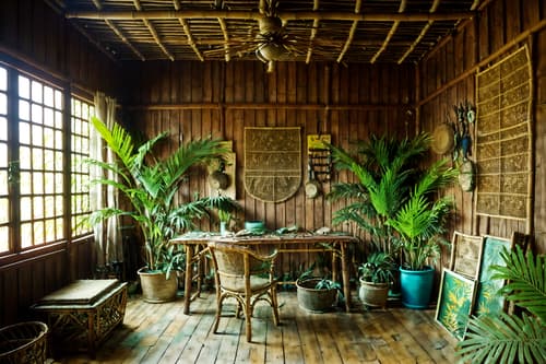 photo from pinterest of tropical-style interior designed (workshop interior) with messy and wooden workbench and tool wall and messy. . with rattan and palm trees and teak and lattice prints and wicker and palm leaves and cane motifs and bamboo. . cinematic photo, highly detailed, cinematic lighting, ultra-detailed, ultrarealistic, photorealism, 8k. trending on pinterest. tropical interior design style. masterpiece, cinematic light, ultrarealistic+, photorealistic+, 8k, raw photo, realistic, sharp focus on eyes, (symmetrical eyes), (intact eyes), hyperrealistic, highest quality, best quality, , highly detailed, masterpiece, best quality, extremely detailed 8k wallpaper, masterpiece, best quality, ultra-detailed, best shadow, detailed background, detailed face, detailed eyes, high contrast, best illumination, detailed face, dulux, caustic, dynamic angle, detailed glow. dramatic lighting. highly detailed, insanely detailed hair, symmetrical, intricate details, professionally retouched, 8k high definition. strong bokeh. award winning photo.