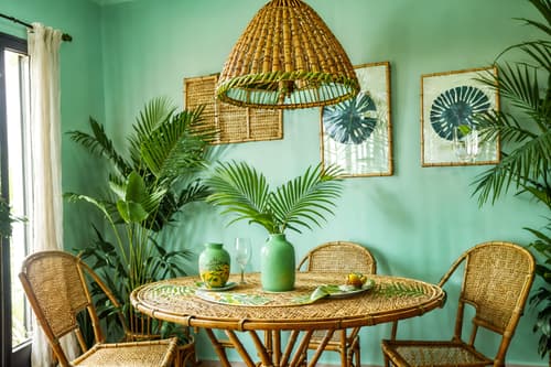 photo from pinterest of tropical-style interior designed (dining room interior) with plates, cutlery and glasses on dining table and table cloth and painting or photo on wall and plant and bookshelves and dining table and light or chandelier and vase. . with lattice prints and palm trees and rattan and palm leaves and cane motifs and bamboo and wicker and teak. . cinematic photo, highly detailed, cinematic lighting, ultra-detailed, ultrarealistic, photorealism, 8k. trending on pinterest. tropical interior design style. masterpiece, cinematic light, ultrarealistic+, photorealistic+, 8k, raw photo, realistic, sharp focus on eyes, (symmetrical eyes), (intact eyes), hyperrealistic, highest quality, best quality, , highly detailed, masterpiece, best quality, extremely detailed 8k wallpaper, masterpiece, best quality, ultra-detailed, best shadow, detailed background, detailed face, detailed eyes, high contrast, best illumination, detailed face, dulux, caustic, dynamic angle, detailed glow. dramatic lighting. highly detailed, insanely detailed hair, symmetrical, intricate details, professionally retouched, 8k high definition. strong bokeh. award winning photo.