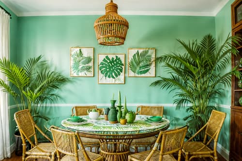 photo from pinterest of tropical-style interior designed (dining room interior) with plates, cutlery and glasses on dining table and table cloth and painting or photo on wall and plant and bookshelves and dining table and light or chandelier and vase. . with lattice prints and palm trees and rattan and palm leaves and cane motifs and bamboo and wicker and teak. . cinematic photo, highly detailed, cinematic lighting, ultra-detailed, ultrarealistic, photorealism, 8k. trending on pinterest. tropical interior design style. masterpiece, cinematic light, ultrarealistic+, photorealistic+, 8k, raw photo, realistic, sharp focus on eyes, (symmetrical eyes), (intact eyes), hyperrealistic, highest quality, best quality, , highly detailed, masterpiece, best quality, extremely detailed 8k wallpaper, masterpiece, best quality, ultra-detailed, best shadow, detailed background, detailed face, detailed eyes, high contrast, best illumination, detailed face, dulux, caustic, dynamic angle, detailed glow. dramatic lighting. highly detailed, insanely detailed hair, symmetrical, intricate details, professionally retouched, 8k high definition. strong bokeh. award winning photo.
