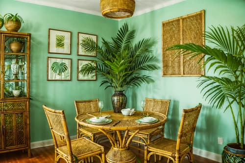 photo from pinterest of tropical-style interior designed (dining room interior) with plates, cutlery and glasses on dining table and table cloth and painting or photo on wall and plant and bookshelves and dining table and light or chandelier and vase. . with lattice prints and palm trees and rattan and palm leaves and cane motifs and bamboo and wicker and teak. . cinematic photo, highly detailed, cinematic lighting, ultra-detailed, ultrarealistic, photorealism, 8k. trending on pinterest. tropical interior design style. masterpiece, cinematic light, ultrarealistic+, photorealistic+, 8k, raw photo, realistic, sharp focus on eyes, (symmetrical eyes), (intact eyes), hyperrealistic, highest quality, best quality, , highly detailed, masterpiece, best quality, extremely detailed 8k wallpaper, masterpiece, best quality, ultra-detailed, best shadow, detailed background, detailed face, detailed eyes, high contrast, best illumination, detailed face, dulux, caustic, dynamic angle, detailed glow. dramatic lighting. highly detailed, insanely detailed hair, symmetrical, intricate details, professionally retouched, 8k high definition. strong bokeh. award winning photo.