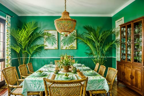 photo from pinterest of tropical-style interior designed (dining room interior) with plates, cutlery and glasses on dining table and table cloth and painting or photo on wall and plant and bookshelves and dining table and light or chandelier and vase. . with lattice prints and palm trees and rattan and palm leaves and cane motifs and bamboo and wicker and teak. . cinematic photo, highly detailed, cinematic lighting, ultra-detailed, ultrarealistic, photorealism, 8k. trending on pinterest. tropical interior design style. masterpiece, cinematic light, ultrarealistic+, photorealistic+, 8k, raw photo, realistic, sharp focus on eyes, (symmetrical eyes), (intact eyes), hyperrealistic, highest quality, best quality, , highly detailed, masterpiece, best quality, extremely detailed 8k wallpaper, masterpiece, best quality, ultra-detailed, best shadow, detailed background, detailed face, detailed eyes, high contrast, best illumination, detailed face, dulux, caustic, dynamic angle, detailed glow. dramatic lighting. highly detailed, insanely detailed hair, symmetrical, intricate details, professionally retouched, 8k high definition. strong bokeh. award winning photo.