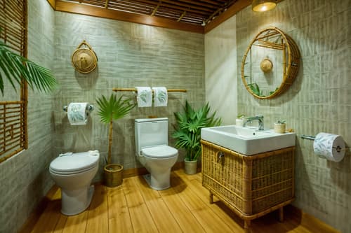 photo from pinterest of tropical-style interior designed (toilet interior) with toilet paper hanger and sink with tap and toilet with toilet seat up and toilet paper hanger. . with wicker and palm leaves and rattan and cane motifs and lattice prints and bamboo and teak and palm trees. . cinematic photo, highly detailed, cinematic lighting, ultra-detailed, ultrarealistic, photorealism, 8k. trending on pinterest. tropical interior design style. masterpiece, cinematic light, ultrarealistic+, photorealistic+, 8k, raw photo, realistic, sharp focus on eyes, (symmetrical eyes), (intact eyes), hyperrealistic, highest quality, best quality, , highly detailed, masterpiece, best quality, extremely detailed 8k wallpaper, masterpiece, best quality, ultra-detailed, best shadow, detailed background, detailed face, detailed eyes, high contrast, best illumination, detailed face, dulux, caustic, dynamic angle, detailed glow. dramatic lighting. highly detailed, insanely detailed hair, symmetrical, intricate details, professionally retouched, 8k high definition. strong bokeh. award winning photo.