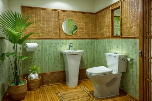 photo from pinterest of tropical-style interior designed (toilet interior) with toilet paper hanger and sink with tap and toilet with toilet seat up and toilet paper hanger. . with wicker and palm leaves and rattan and cane motifs and lattice prints and bamboo and teak and palm trees. . cinematic photo, highly detailed, cinematic lighting, ultra-detailed, ultrarealistic, photorealism, 8k. trending on pinterest. tropical interior design style. masterpiece, cinematic light, ultrarealistic+, photorealistic+, 8k, raw photo, realistic, sharp focus on eyes, (symmetrical eyes), (intact eyes), hyperrealistic, highest quality, best quality, , highly detailed, masterpiece, best quality, extremely detailed 8k wallpaper, masterpiece, best quality, ultra-detailed, best shadow, detailed background, detailed face, detailed eyes, high contrast, best illumination, detailed face, dulux, caustic, dynamic angle, detailed glow. dramatic lighting. highly detailed, insanely detailed hair, symmetrical, intricate details, professionally retouched, 8k high definition. strong bokeh. award winning photo.