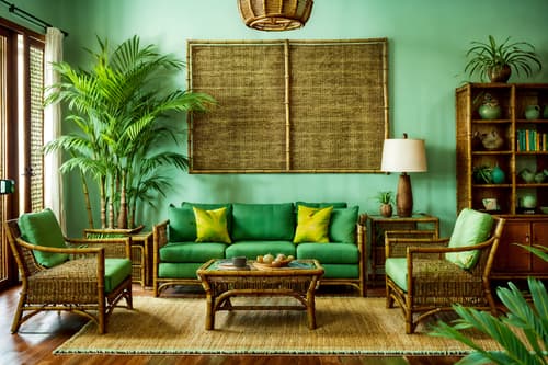 photo from pinterest of tropical-style interior designed (living room interior) with plant and coffee tables and televisions and rug and electric lamps and occasional tables and sofa and bookshelves. . with bamboo and palm trees and teak and lattice prints and wicker and palm leaves and cane motifs and rattan. . cinematic photo, highly detailed, cinematic lighting, ultra-detailed, ultrarealistic, photorealism, 8k. trending on pinterest. tropical interior design style. masterpiece, cinematic light, ultrarealistic+, photorealistic+, 8k, raw photo, realistic, sharp focus on eyes, (symmetrical eyes), (intact eyes), hyperrealistic, highest quality, best quality, , highly detailed, masterpiece, best quality, extremely detailed 8k wallpaper, masterpiece, best quality, ultra-detailed, best shadow, detailed background, detailed face, detailed eyes, high contrast, best illumination, detailed face, dulux, caustic, dynamic angle, detailed glow. dramatic lighting. highly detailed, insanely detailed hair, symmetrical, intricate details, professionally retouched, 8k high definition. strong bokeh. award winning photo.