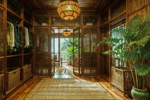 photo from pinterest of tropical-style interior designed (walk in closet interior) . with cane motifs and lattice prints and palm leaves and bamboo and teak and rattan and wicker and palm trees. . cinematic photo, highly detailed, cinematic lighting, ultra-detailed, ultrarealistic, photorealism, 8k. trending on pinterest. tropical interior design style. masterpiece, cinematic light, ultrarealistic+, photorealistic+, 8k, raw photo, realistic, sharp focus on eyes, (symmetrical eyes), (intact eyes), hyperrealistic, highest quality, best quality, , highly detailed, masterpiece, best quality, extremely detailed 8k wallpaper, masterpiece, best quality, ultra-detailed, best shadow, detailed background, detailed face, detailed eyes, high contrast, best illumination, detailed face, dulux, caustic, dynamic angle, detailed glow. dramatic lighting. highly detailed, insanely detailed hair, symmetrical, intricate details, professionally retouched, 8k high definition. strong bokeh. award winning photo.