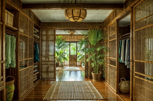 photo from pinterest of tropical-style interior designed (walk in closet interior) . with cane motifs and lattice prints and palm leaves and bamboo and teak and rattan and wicker and palm trees. . cinematic photo, highly detailed, cinematic lighting, ultra-detailed, ultrarealistic, photorealism, 8k. trending on pinterest. tropical interior design style. masterpiece, cinematic light, ultrarealistic+, photorealistic+, 8k, raw photo, realistic, sharp focus on eyes, (symmetrical eyes), (intact eyes), hyperrealistic, highest quality, best quality, , highly detailed, masterpiece, best quality, extremely detailed 8k wallpaper, masterpiece, best quality, ultra-detailed, best shadow, detailed background, detailed face, detailed eyes, high contrast, best illumination, detailed face, dulux, caustic, dynamic angle, detailed glow. dramatic lighting. highly detailed, insanely detailed hair, symmetrical, intricate details, professionally retouched, 8k high definition. strong bokeh. award winning photo.