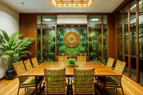 photo from pinterest of tropical-style interior designed (meeting room interior) with office chairs and boardroom table and glass walls and vase and painting or photo on wall and plant and cabinets and glass doors. . with palm leaves and teak and lattice prints and wicker and rattan and cane motifs and palm trees and bamboo. . cinematic photo, highly detailed, cinematic lighting, ultra-detailed, ultrarealistic, photorealism, 8k. trending on pinterest. tropical interior design style. masterpiece, cinematic light, ultrarealistic+, photorealistic+, 8k, raw photo, realistic, sharp focus on eyes, (symmetrical eyes), (intact eyes), hyperrealistic, highest quality, best quality, , highly detailed, masterpiece, best quality, extremely detailed 8k wallpaper, masterpiece, best quality, ultra-detailed, best shadow, detailed background, detailed face, detailed eyes, high contrast, best illumination, detailed face, dulux, caustic, dynamic angle, detailed glow. dramatic lighting. highly detailed, insanely detailed hair, symmetrical, intricate details, professionally retouched, 8k high definition. strong bokeh. award winning photo.