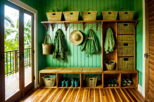 photo from pinterest of tropical-style interior designed (mudroom interior) with storage baskets and wall hooks for coats and shelves for shoes and a bench and high up storage and cabinets and storage drawers and cubbies. . with rattan and teak and palm trees and wicker and bamboo and cane motifs and lattice prints and palm leaves. . cinematic photo, highly detailed, cinematic lighting, ultra-detailed, ultrarealistic, photorealism, 8k. trending on pinterest. tropical interior design style. masterpiece, cinematic light, ultrarealistic+, photorealistic+, 8k, raw photo, realistic, sharp focus on eyes, (symmetrical eyes), (intact eyes), hyperrealistic, highest quality, best quality, , highly detailed, masterpiece, best quality, extremely detailed 8k wallpaper, masterpiece, best quality, ultra-detailed, best shadow, detailed background, detailed face, detailed eyes, high contrast, best illumination, detailed face, dulux, caustic, dynamic angle, detailed glow. dramatic lighting. highly detailed, insanely detailed hair, symmetrical, intricate details, professionally retouched, 8k high definition. strong bokeh. award winning photo.