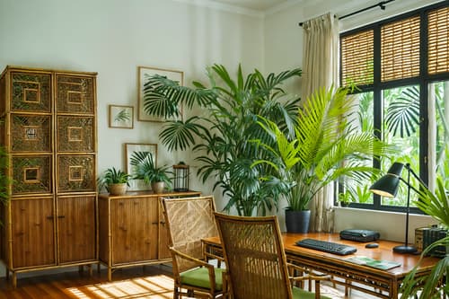 photo from pinterest of tropical-style interior designed (home office interior) with cabinets and plant and computer desk and desk lamp and office chair and cabinets. . with bamboo and palm leaves and lattice prints and rattan and palm trees and wicker and cane motifs and teak. . cinematic photo, highly detailed, cinematic lighting, ultra-detailed, ultrarealistic, photorealism, 8k. trending on pinterest. tropical interior design style. masterpiece, cinematic light, ultrarealistic+, photorealistic+, 8k, raw photo, realistic, sharp focus on eyes, (symmetrical eyes), (intact eyes), hyperrealistic, highest quality, best quality, , highly detailed, masterpiece, best quality, extremely detailed 8k wallpaper, masterpiece, best quality, ultra-detailed, best shadow, detailed background, detailed face, detailed eyes, high contrast, best illumination, detailed face, dulux, caustic, dynamic angle, detailed glow. dramatic lighting. highly detailed, insanely detailed hair, symmetrical, intricate details, professionally retouched, 8k high definition. strong bokeh. award winning photo.