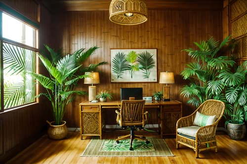 photo from pinterest of tropical-style interior designed (home office interior) with cabinets and plant and computer desk and desk lamp and office chair and cabinets. . with bamboo and palm leaves and lattice prints and rattan and palm trees and wicker and cane motifs and teak. . cinematic photo, highly detailed, cinematic lighting, ultra-detailed, ultrarealistic, photorealism, 8k. trending on pinterest. tropical interior design style. masterpiece, cinematic light, ultrarealistic+, photorealistic+, 8k, raw photo, realistic, sharp focus on eyes, (symmetrical eyes), (intact eyes), hyperrealistic, highest quality, best quality, , highly detailed, masterpiece, best quality, extremely detailed 8k wallpaper, masterpiece, best quality, ultra-detailed, best shadow, detailed background, detailed face, detailed eyes, high contrast, best illumination, detailed face, dulux, caustic, dynamic angle, detailed glow. dramatic lighting. highly detailed, insanely detailed hair, symmetrical, intricate details, professionally retouched, 8k high definition. strong bokeh. award winning photo.