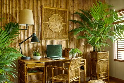 photo from pinterest of tropical-style interior designed (home office interior) with cabinets and plant and computer desk and desk lamp and office chair and cabinets. . with bamboo and palm leaves and lattice prints and rattan and palm trees and wicker and cane motifs and teak. . cinematic photo, highly detailed, cinematic lighting, ultra-detailed, ultrarealistic, photorealism, 8k. trending on pinterest. tropical interior design style. masterpiece, cinematic light, ultrarealistic+, photorealistic+, 8k, raw photo, realistic, sharp focus on eyes, (symmetrical eyes), (intact eyes), hyperrealistic, highest quality, best quality, , highly detailed, masterpiece, best quality, extremely detailed 8k wallpaper, masterpiece, best quality, ultra-detailed, best shadow, detailed background, detailed face, detailed eyes, high contrast, best illumination, detailed face, dulux, caustic, dynamic angle, detailed glow. dramatic lighting. highly detailed, insanely detailed hair, symmetrical, intricate details, professionally retouched, 8k high definition. strong bokeh. award winning photo.