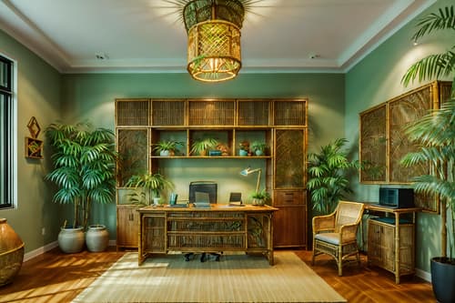 photo from pinterest of tropical-style interior designed (home office interior) with cabinets and plant and computer desk and desk lamp and office chair and cabinets. . with bamboo and palm leaves and lattice prints and rattan and palm trees and wicker and cane motifs and teak. . cinematic photo, highly detailed, cinematic lighting, ultra-detailed, ultrarealistic, photorealism, 8k. trending on pinterest. tropical interior design style. masterpiece, cinematic light, ultrarealistic+, photorealistic+, 8k, raw photo, realistic, sharp focus on eyes, (symmetrical eyes), (intact eyes), hyperrealistic, highest quality, best quality, , highly detailed, masterpiece, best quality, extremely detailed 8k wallpaper, masterpiece, best quality, ultra-detailed, best shadow, detailed background, detailed face, detailed eyes, high contrast, best illumination, detailed face, dulux, caustic, dynamic angle, detailed glow. dramatic lighting. highly detailed, insanely detailed hair, symmetrical, intricate details, professionally retouched, 8k high definition. strong bokeh. award winning photo.