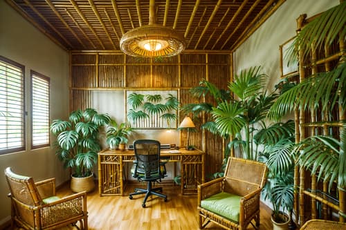 photo from pinterest of tropical-style interior designed (home office interior) with cabinets and plant and computer desk and desk lamp and office chair and cabinets. . with bamboo and palm leaves and lattice prints and rattan and palm trees and wicker and cane motifs and teak. . cinematic photo, highly detailed, cinematic lighting, ultra-detailed, ultrarealistic, photorealism, 8k. trending on pinterest. tropical interior design style. masterpiece, cinematic light, ultrarealistic+, photorealistic+, 8k, raw photo, realistic, sharp focus on eyes, (symmetrical eyes), (intact eyes), hyperrealistic, highest quality, best quality, , highly detailed, masterpiece, best quality, extremely detailed 8k wallpaper, masterpiece, best quality, ultra-detailed, best shadow, detailed background, detailed face, detailed eyes, high contrast, best illumination, detailed face, dulux, caustic, dynamic angle, detailed glow. dramatic lighting. highly detailed, insanely detailed hair, symmetrical, intricate details, professionally retouched, 8k high definition. strong bokeh. award winning photo.