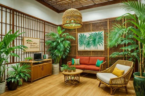 photo from pinterest of tropical-style interior designed (coworking space interior) with office desks and lounge chairs and office chairs and seating area with sofa and office desks. . with wicker and palm leaves and palm trees and teak and lattice prints and bamboo and cane motifs and rattan. . cinematic photo, highly detailed, cinematic lighting, ultra-detailed, ultrarealistic, photorealism, 8k. trending on pinterest. tropical interior design style. masterpiece, cinematic light, ultrarealistic+, photorealistic+, 8k, raw photo, realistic, sharp focus on eyes, (symmetrical eyes), (intact eyes), hyperrealistic, highest quality, best quality, , highly detailed, masterpiece, best quality, extremely detailed 8k wallpaper, masterpiece, best quality, ultra-detailed, best shadow, detailed background, detailed face, detailed eyes, high contrast, best illumination, detailed face, dulux, caustic, dynamic angle, detailed glow. dramatic lighting. highly detailed, insanely detailed hair, symmetrical, intricate details, professionally retouched, 8k high definition. strong bokeh. award winning photo.