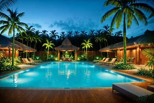 photo from pinterest of tropical-style designed (outdoor pool area ) with pool lights and pool lounge chairs and pool and pool lights. . with rattan and lattice prints and palm leaves and palm trees and wicker and teak and cane motifs and bamboo. . cinematic photo, highly detailed, cinematic lighting, ultra-detailed, ultrarealistic, photorealism, 8k. trending on pinterest. tropical design style. masterpiece, cinematic light, ultrarealistic+, photorealistic+, 8k, raw photo, realistic, sharp focus on eyes, (symmetrical eyes), (intact eyes), hyperrealistic, highest quality, best quality, , highly detailed, masterpiece, best quality, extremely detailed 8k wallpaper, masterpiece, best quality, ultra-detailed, best shadow, detailed background, detailed face, detailed eyes, high contrast, best illumination, detailed face, dulux, caustic, dynamic angle, detailed glow. dramatic lighting. highly detailed, insanely detailed hair, symmetrical, intricate details, professionally retouched, 8k high definition. strong bokeh. award winning photo.