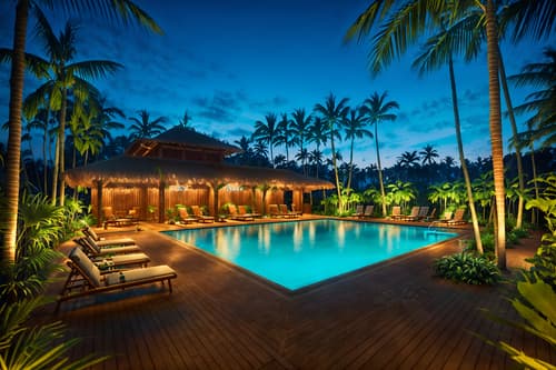 photo from pinterest of tropical-style designed (outdoor pool area ) with pool lights and pool lounge chairs and pool and pool lights. . with rattan and lattice prints and palm leaves and palm trees and wicker and teak and cane motifs and bamboo. . cinematic photo, highly detailed, cinematic lighting, ultra-detailed, ultrarealistic, photorealism, 8k. trending on pinterest. tropical design style. masterpiece, cinematic light, ultrarealistic+, photorealistic+, 8k, raw photo, realistic, sharp focus on eyes, (symmetrical eyes), (intact eyes), hyperrealistic, highest quality, best quality, , highly detailed, masterpiece, best quality, extremely detailed 8k wallpaper, masterpiece, best quality, ultra-detailed, best shadow, detailed background, detailed face, detailed eyes, high contrast, best illumination, detailed face, dulux, caustic, dynamic angle, detailed glow. dramatic lighting. highly detailed, insanely detailed hair, symmetrical, intricate details, professionally retouched, 8k high definition. strong bokeh. award winning photo.