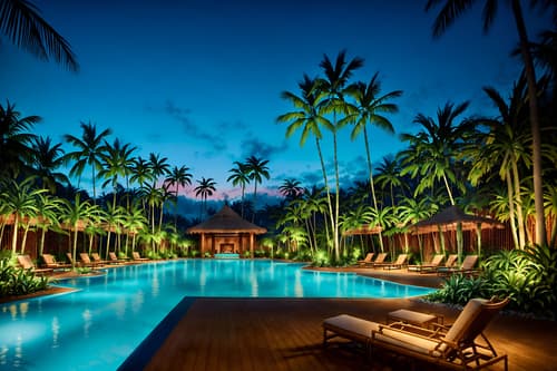 photo from pinterest of tropical-style designed (outdoor pool area ) with pool lights and pool lounge chairs and pool and pool lights. . with rattan and lattice prints and palm leaves and palm trees and wicker and teak and cane motifs and bamboo. . cinematic photo, highly detailed, cinematic lighting, ultra-detailed, ultrarealistic, photorealism, 8k. trending on pinterest. tropical design style. masterpiece, cinematic light, ultrarealistic+, photorealistic+, 8k, raw photo, realistic, sharp focus on eyes, (symmetrical eyes), (intact eyes), hyperrealistic, highest quality, best quality, , highly detailed, masterpiece, best quality, extremely detailed 8k wallpaper, masterpiece, best quality, ultra-detailed, best shadow, detailed background, detailed face, detailed eyes, high contrast, best illumination, detailed face, dulux, caustic, dynamic angle, detailed glow. dramatic lighting. highly detailed, insanely detailed hair, symmetrical, intricate details, professionally retouched, 8k high definition. strong bokeh. award winning photo.