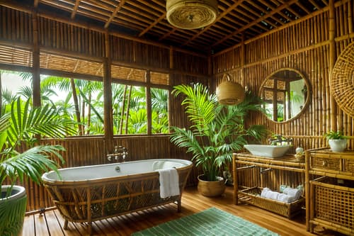 photo from pinterest of tropical-style interior designed (bathroom interior) with bath towel and bathroom sink with faucet and bathroom cabinet and mirror and shower and waste basket and plant and bath rail. . with bamboo and teak and lattice prints and cane motifs and palm trees and rattan and wicker and palm leaves. . cinematic photo, highly detailed, cinematic lighting, ultra-detailed, ultrarealistic, photorealism, 8k. trending on pinterest. tropical interior design style. masterpiece, cinematic light, ultrarealistic+, photorealistic+, 8k, raw photo, realistic, sharp focus on eyes, (symmetrical eyes), (intact eyes), hyperrealistic, highest quality, best quality, , highly detailed, masterpiece, best quality, extremely detailed 8k wallpaper, masterpiece, best quality, ultra-detailed, best shadow, detailed background, detailed face, detailed eyes, high contrast, best illumination, detailed face, dulux, caustic, dynamic angle, detailed glow. dramatic lighting. highly detailed, insanely detailed hair, symmetrical, intricate details, professionally retouched, 8k high definition. strong bokeh. award winning photo.