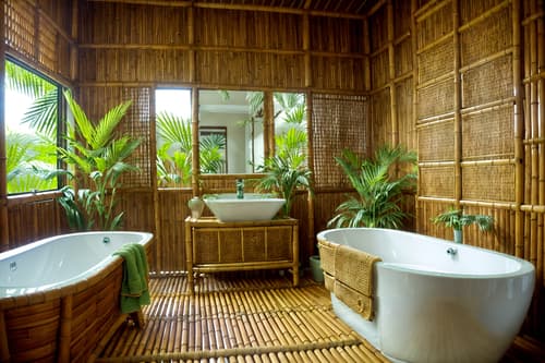 photo from pinterest of tropical-style interior designed (bathroom interior) with bath towel and bathroom sink with faucet and bathroom cabinet and mirror and shower and waste basket and plant and bath rail. . with bamboo and teak and lattice prints and cane motifs and palm trees and rattan and wicker and palm leaves. . cinematic photo, highly detailed, cinematic lighting, ultra-detailed, ultrarealistic, photorealism, 8k. trending on pinterest. tropical interior design style. masterpiece, cinematic light, ultrarealistic+, photorealistic+, 8k, raw photo, realistic, sharp focus on eyes, (symmetrical eyes), (intact eyes), hyperrealistic, highest quality, best quality, , highly detailed, masterpiece, best quality, extremely detailed 8k wallpaper, masterpiece, best quality, ultra-detailed, best shadow, detailed background, detailed face, detailed eyes, high contrast, best illumination, detailed face, dulux, caustic, dynamic angle, detailed glow. dramatic lighting. highly detailed, insanely detailed hair, symmetrical, intricate details, professionally retouched, 8k high definition. strong bokeh. award winning photo.