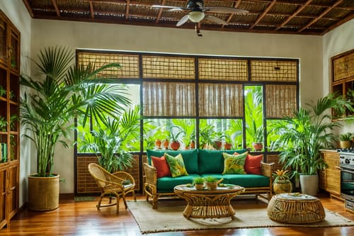 photo from pinterest of tropical-style interior designed (kitchen living combo interior) with plant and sofa and bookshelves and kitchen cabinets and coffee tables and sink and plant and furniture. . with wicker and cane motifs and lattice prints and bamboo and palm trees and teak and palm leaves and rattan. . cinematic photo, highly detailed, cinematic lighting, ultra-detailed, ultrarealistic, photorealism, 8k. trending on pinterest. tropical interior design style. masterpiece, cinematic light, ultrarealistic+, photorealistic+, 8k, raw photo, realistic, sharp focus on eyes, (symmetrical eyes), (intact eyes), hyperrealistic, highest quality, best quality, , highly detailed, masterpiece, best quality, extremely detailed 8k wallpaper, masterpiece, best quality, ultra-detailed, best shadow, detailed background, detailed face, detailed eyes, high contrast, best illumination, detailed face, dulux, caustic, dynamic angle, detailed glow. dramatic lighting. highly detailed, insanely detailed hair, symmetrical, intricate details, professionally retouched, 8k high definition. strong bokeh. award winning photo.
