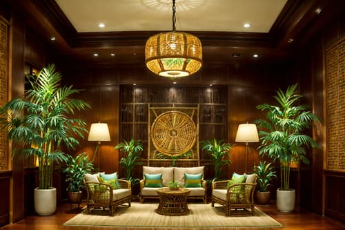 photo from pinterest of tropical-style interior designed (hotel lobby interior) with hanging lamps and sofas and plant and check in desk and rug and coffee tables and lounge chairs and furniture. . with wicker and palm trees and teak and lattice prints and cane motifs and rattan and palm leaves and bamboo. . cinematic photo, highly detailed, cinematic lighting, ultra-detailed, ultrarealistic, photorealism, 8k. trending on pinterest. tropical interior design style. masterpiece, cinematic light, ultrarealistic+, photorealistic+, 8k, raw photo, realistic, sharp focus on eyes, (symmetrical eyes), (intact eyes), hyperrealistic, highest quality, best quality, , highly detailed, masterpiece, best quality, extremely detailed 8k wallpaper, masterpiece, best quality, ultra-detailed, best shadow, detailed background, detailed face, detailed eyes, high contrast, best illumination, detailed face, dulux, caustic, dynamic angle, detailed glow. dramatic lighting. highly detailed, insanely detailed hair, symmetrical, intricate details, professionally retouched, 8k high definition. strong bokeh. award winning photo.