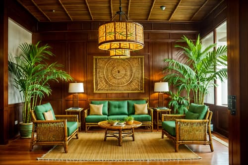 photo from pinterest of tropical-style interior designed (hotel lobby interior) with hanging lamps and sofas and plant and check in desk and rug and coffee tables and lounge chairs and furniture. . with wicker and palm trees and teak and lattice prints and cane motifs and rattan and palm leaves and bamboo. . cinematic photo, highly detailed, cinematic lighting, ultra-detailed, ultrarealistic, photorealism, 8k. trending on pinterest. tropical interior design style. masterpiece, cinematic light, ultrarealistic+, photorealistic+, 8k, raw photo, realistic, sharp focus on eyes, (symmetrical eyes), (intact eyes), hyperrealistic, highest quality, best quality, , highly detailed, masterpiece, best quality, extremely detailed 8k wallpaper, masterpiece, best quality, ultra-detailed, best shadow, detailed background, detailed face, detailed eyes, high contrast, best illumination, detailed face, dulux, caustic, dynamic angle, detailed glow. dramatic lighting. highly detailed, insanely detailed hair, symmetrical, intricate details, professionally retouched, 8k high definition. strong bokeh. award winning photo.