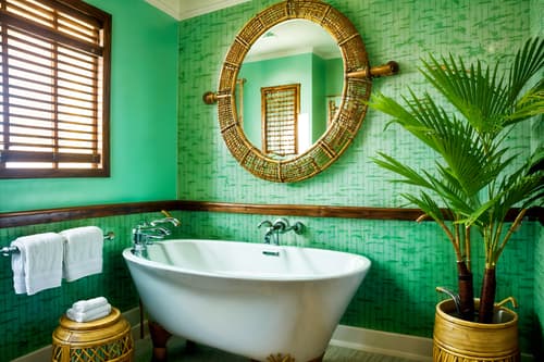 photo from pinterest of tropical-style interior designed (hotel bathroom interior) with bathroom cabinet and mirror and bathroom sink with faucet and bath towel and bathtub and shower and toilet seat and plant. . with cane motifs and rattan and lattice prints and wicker and teak and palm leaves and palm trees and bamboo. . cinematic photo, highly detailed, cinematic lighting, ultra-detailed, ultrarealistic, photorealism, 8k. trending on pinterest. tropical interior design style. masterpiece, cinematic light, ultrarealistic+, photorealistic+, 8k, raw photo, realistic, sharp focus on eyes, (symmetrical eyes), (intact eyes), hyperrealistic, highest quality, best quality, , highly detailed, masterpiece, best quality, extremely detailed 8k wallpaper, masterpiece, best quality, ultra-detailed, best shadow, detailed background, detailed face, detailed eyes, high contrast, best illumination, detailed face, dulux, caustic, dynamic angle, detailed glow. dramatic lighting. highly detailed, insanely detailed hair, symmetrical, intricate details, professionally retouched, 8k high definition. strong bokeh. award winning photo.