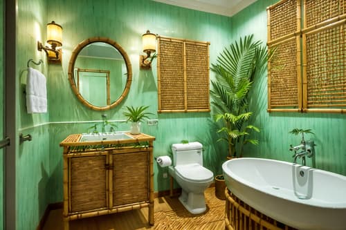 photo from pinterest of tropical-style interior designed (hotel bathroom interior) with bathroom cabinet and mirror and bathroom sink with faucet and bath towel and bathtub and shower and toilet seat and plant. . with cane motifs and rattan and lattice prints and wicker and teak and palm leaves and palm trees and bamboo. . cinematic photo, highly detailed, cinematic lighting, ultra-detailed, ultrarealistic, photorealism, 8k. trending on pinterest. tropical interior design style. masterpiece, cinematic light, ultrarealistic+, photorealistic+, 8k, raw photo, realistic, sharp focus on eyes, (symmetrical eyes), (intact eyes), hyperrealistic, highest quality, best quality, , highly detailed, masterpiece, best quality, extremely detailed 8k wallpaper, masterpiece, best quality, ultra-detailed, best shadow, detailed background, detailed face, detailed eyes, high contrast, best illumination, detailed face, dulux, caustic, dynamic angle, detailed glow. dramatic lighting. highly detailed, insanely detailed hair, symmetrical, intricate details, professionally retouched, 8k high definition. strong bokeh. award winning photo.