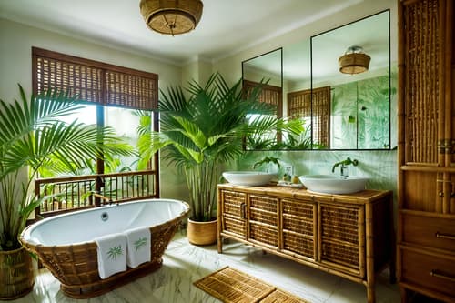 photo from pinterest of tropical-style interior designed (hotel bathroom interior) with bathroom cabinet and mirror and bathroom sink with faucet and bath towel and bathtub and shower and toilet seat and plant. . with cane motifs and rattan and lattice prints and wicker and teak and palm leaves and palm trees and bamboo. . cinematic photo, highly detailed, cinematic lighting, ultra-detailed, ultrarealistic, photorealism, 8k. trending on pinterest. tropical interior design style. masterpiece, cinematic light, ultrarealistic+, photorealistic+, 8k, raw photo, realistic, sharp focus on eyes, (symmetrical eyes), (intact eyes), hyperrealistic, highest quality, best quality, , highly detailed, masterpiece, best quality, extremely detailed 8k wallpaper, masterpiece, best quality, ultra-detailed, best shadow, detailed background, detailed face, detailed eyes, high contrast, best illumination, detailed face, dulux, caustic, dynamic angle, detailed glow. dramatic lighting. highly detailed, insanely detailed hair, symmetrical, intricate details, professionally retouched, 8k high definition. strong bokeh. award winning photo.