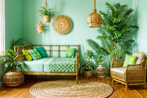 photo from pinterest of tropical-style interior designed (kids room interior) with headboard and accent chair and storage bench or ottoman and plant and bed and bedside table or night stand and night light and mirror. . with palm leaves and wicker and teak and cane motifs and rattan and lattice prints and palm trees and bamboo. . cinematic photo, highly detailed, cinematic lighting, ultra-detailed, ultrarealistic, photorealism, 8k. trending on pinterest. tropical interior design style. masterpiece, cinematic light, ultrarealistic+, photorealistic+, 8k, raw photo, realistic, sharp focus on eyes, (symmetrical eyes), (intact eyes), hyperrealistic, highest quality, best quality, , highly detailed, masterpiece, best quality, extremely detailed 8k wallpaper, masterpiece, best quality, ultra-detailed, best shadow, detailed background, detailed face, detailed eyes, high contrast, best illumination, detailed face, dulux, caustic, dynamic angle, detailed glow. dramatic lighting. highly detailed, insanely detailed hair, symmetrical, intricate details, professionally retouched, 8k high definition. strong bokeh. award winning photo.