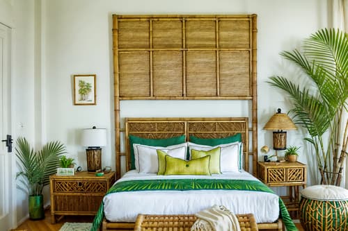 photo from pinterest of tropical-style interior designed (hotel room interior) with bedside table or night stand and accent chair and dresser closet and night light and headboard and storage bench or ottoman and working desk with desk chair and hotel bathroom. . with palm leaves and lattice prints and rattan and palm trees and cane motifs and teak and wicker and bamboo. . cinematic photo, highly detailed, cinematic lighting, ultra-detailed, ultrarealistic, photorealism, 8k. trending on pinterest. tropical interior design style. masterpiece, cinematic light, ultrarealistic+, photorealistic+, 8k, raw photo, realistic, sharp focus on eyes, (symmetrical eyes), (intact eyes), hyperrealistic, highest quality, best quality, , highly detailed, masterpiece, best quality, extremely detailed 8k wallpaper, masterpiece, best quality, ultra-detailed, best shadow, detailed background, detailed face, detailed eyes, high contrast, best illumination, detailed face, dulux, caustic, dynamic angle, detailed glow. dramatic lighting. highly detailed, insanely detailed hair, symmetrical, intricate details, professionally retouched, 8k high definition. strong bokeh. award winning photo.