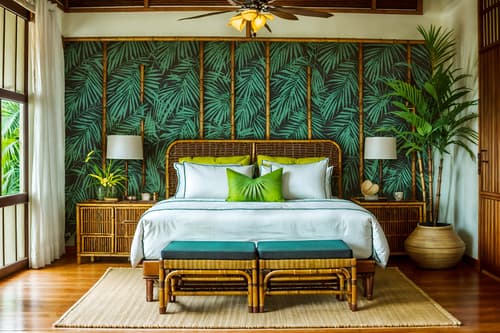 photo from pinterest of tropical-style interior designed (hotel room interior) with bedside table or night stand and accent chair and dresser closet and night light and headboard and storage bench or ottoman and working desk with desk chair and hotel bathroom. . with palm leaves and lattice prints and rattan and palm trees and cane motifs and teak and wicker and bamboo. . cinematic photo, highly detailed, cinematic lighting, ultra-detailed, ultrarealistic, photorealism, 8k. trending on pinterest. tropical interior design style. masterpiece, cinematic light, ultrarealistic+, photorealistic+, 8k, raw photo, realistic, sharp focus on eyes, (symmetrical eyes), (intact eyes), hyperrealistic, highest quality, best quality, , highly detailed, masterpiece, best quality, extremely detailed 8k wallpaper, masterpiece, best quality, ultra-detailed, best shadow, detailed background, detailed face, detailed eyes, high contrast, best illumination, detailed face, dulux, caustic, dynamic angle, detailed glow. dramatic lighting. highly detailed, insanely detailed hair, symmetrical, intricate details, professionally retouched, 8k high definition. strong bokeh. award winning photo.