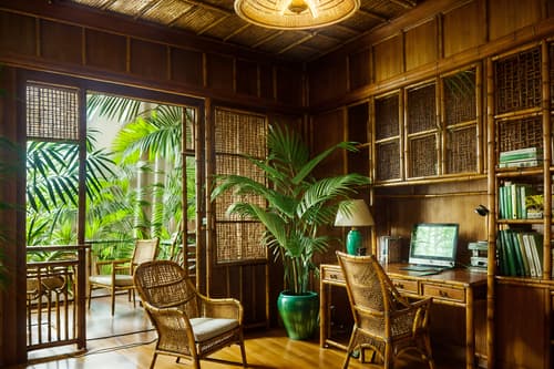 photo from pinterest of tropical-style interior designed (study room interior) with desk lamp and cabinets and bookshelves and writing desk and office chair and plant and lounge chair and desk lamp. . with bamboo and cane motifs and rattan and wicker and palm trees and teak and palm leaves and lattice prints. . cinematic photo, highly detailed, cinematic lighting, ultra-detailed, ultrarealistic, photorealism, 8k. trending on pinterest. tropical interior design style. masterpiece, cinematic light, ultrarealistic+, photorealistic+, 8k, raw photo, realistic, sharp focus on eyes, (symmetrical eyes), (intact eyes), hyperrealistic, highest quality, best quality, , highly detailed, masterpiece, best quality, extremely detailed 8k wallpaper, masterpiece, best quality, ultra-detailed, best shadow, detailed background, detailed face, detailed eyes, high contrast, best illumination, detailed face, dulux, caustic, dynamic angle, detailed glow. dramatic lighting. highly detailed, insanely detailed hair, symmetrical, intricate details, professionally retouched, 8k high definition. strong bokeh. award winning photo.