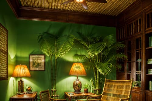 photo from pinterest of tropical-style interior designed (study room interior) with desk lamp and cabinets and bookshelves and writing desk and office chair and plant and lounge chair and desk lamp. . with bamboo and cane motifs and rattan and wicker and palm trees and teak and palm leaves and lattice prints. . cinematic photo, highly detailed, cinematic lighting, ultra-detailed, ultrarealistic, photorealism, 8k. trending on pinterest. tropical interior design style. masterpiece, cinematic light, ultrarealistic+, photorealistic+, 8k, raw photo, realistic, sharp focus on eyes, (symmetrical eyes), (intact eyes), hyperrealistic, highest quality, best quality, , highly detailed, masterpiece, best quality, extremely detailed 8k wallpaper, masterpiece, best quality, ultra-detailed, best shadow, detailed background, detailed face, detailed eyes, high contrast, best illumination, detailed face, dulux, caustic, dynamic angle, detailed glow. dramatic lighting. highly detailed, insanely detailed hair, symmetrical, intricate details, professionally retouched, 8k high definition. strong bokeh. award winning photo.