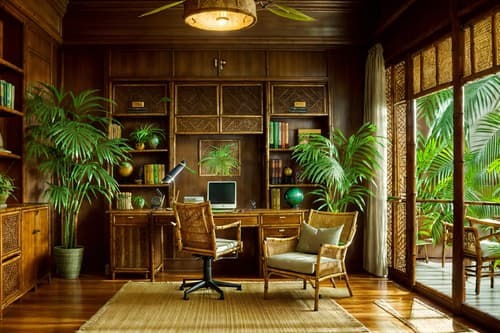 photo from pinterest of tropical-style interior designed (study room interior) with desk lamp and cabinets and bookshelves and writing desk and office chair and plant and lounge chair and desk lamp. . with bamboo and cane motifs and rattan and wicker and palm trees and teak and palm leaves and lattice prints. . cinematic photo, highly detailed, cinematic lighting, ultra-detailed, ultrarealistic, photorealism, 8k. trending on pinterest. tropical interior design style. masterpiece, cinematic light, ultrarealistic+, photorealistic+, 8k, raw photo, realistic, sharp focus on eyes, (symmetrical eyes), (intact eyes), hyperrealistic, highest quality, best quality, , highly detailed, masterpiece, best quality, extremely detailed 8k wallpaper, masterpiece, best quality, ultra-detailed, best shadow, detailed background, detailed face, detailed eyes, high contrast, best illumination, detailed face, dulux, caustic, dynamic angle, detailed glow. dramatic lighting. highly detailed, insanely detailed hair, symmetrical, intricate details, professionally retouched, 8k high definition. strong bokeh. award winning photo.