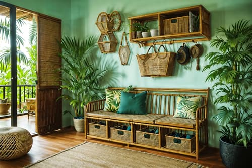 photo from pinterest of tropical-style interior designed (drop zone interior) with wall hooks for coats and a bench and storage drawers and high up storage and cubbies and cabinets and storage baskets and shelves for shoes. . with teak and palm trees and rattan and bamboo and cane motifs and palm leaves and wicker and lattice prints. . cinematic photo, highly detailed, cinematic lighting, ultra-detailed, ultrarealistic, photorealism, 8k. trending on pinterest. tropical interior design style. masterpiece, cinematic light, ultrarealistic+, photorealistic+, 8k, raw photo, realistic, sharp focus on eyes, (symmetrical eyes), (intact eyes), hyperrealistic, highest quality, best quality, , highly detailed, masterpiece, best quality, extremely detailed 8k wallpaper, masterpiece, best quality, ultra-detailed, best shadow, detailed background, detailed face, detailed eyes, high contrast, best illumination, detailed face, dulux, caustic, dynamic angle, detailed glow. dramatic lighting. highly detailed, insanely detailed hair, symmetrical, intricate details, professionally retouched, 8k high definition. strong bokeh. award winning photo.