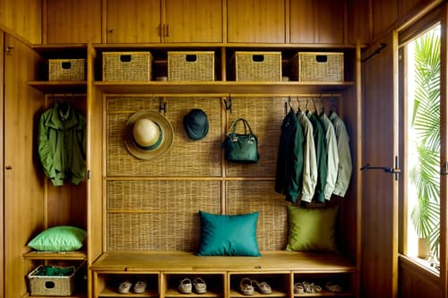 photo from pinterest of tropical-style interior designed (drop zone interior) with wall hooks for coats and a bench and storage drawers and high up storage and cubbies and cabinets and storage baskets and shelves for shoes. . with teak and palm trees and rattan and bamboo and cane motifs and palm leaves and wicker and lattice prints. . cinematic photo, highly detailed, cinematic lighting, ultra-detailed, ultrarealistic, photorealism, 8k. trending on pinterest. tropical interior design style. masterpiece, cinematic light, ultrarealistic+, photorealistic+, 8k, raw photo, realistic, sharp focus on eyes, (symmetrical eyes), (intact eyes), hyperrealistic, highest quality, best quality, , highly detailed, masterpiece, best quality, extremely detailed 8k wallpaper, masterpiece, best quality, ultra-detailed, best shadow, detailed background, detailed face, detailed eyes, high contrast, best illumination, detailed face, dulux, caustic, dynamic angle, detailed glow. dramatic lighting. highly detailed, insanely detailed hair, symmetrical, intricate details, professionally retouched, 8k high definition. strong bokeh. award winning photo.
